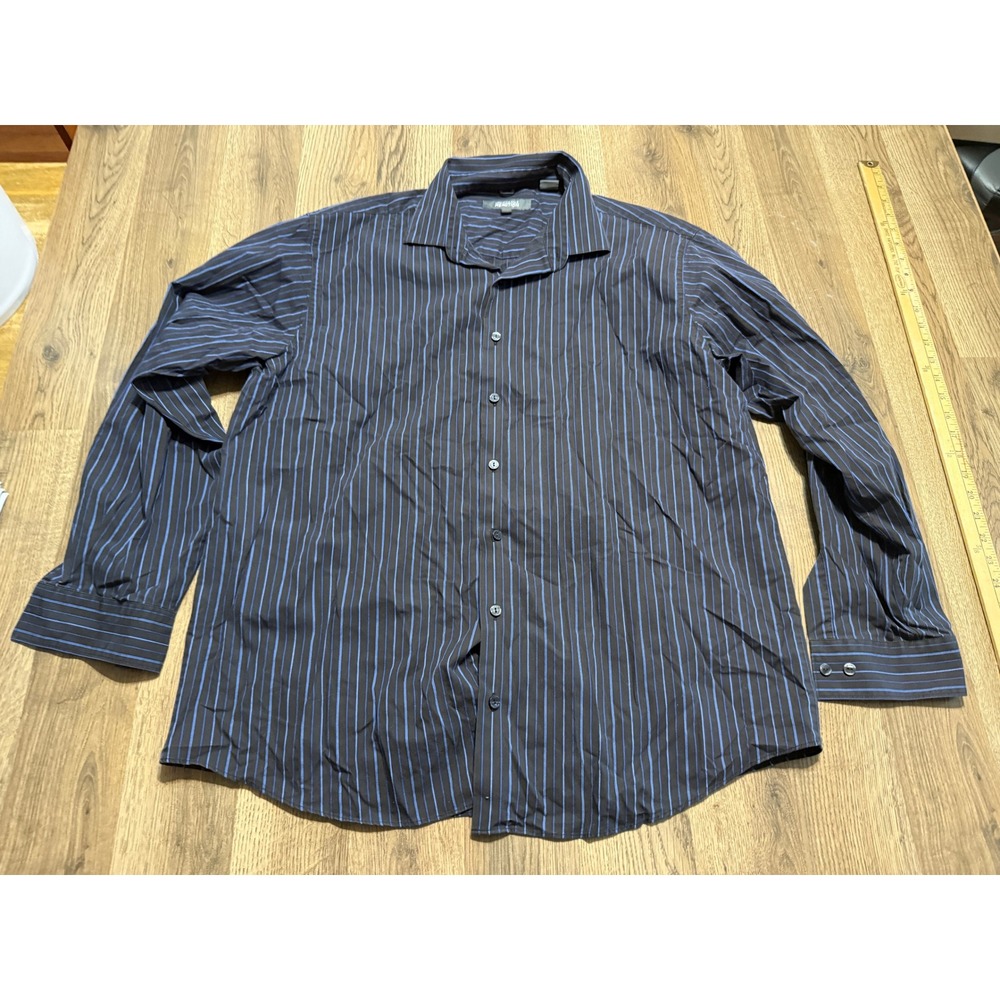 Kenneth Cole Reaction Shirt Mens Size 17.5 34-35 Black Blue Striped Regular Fit